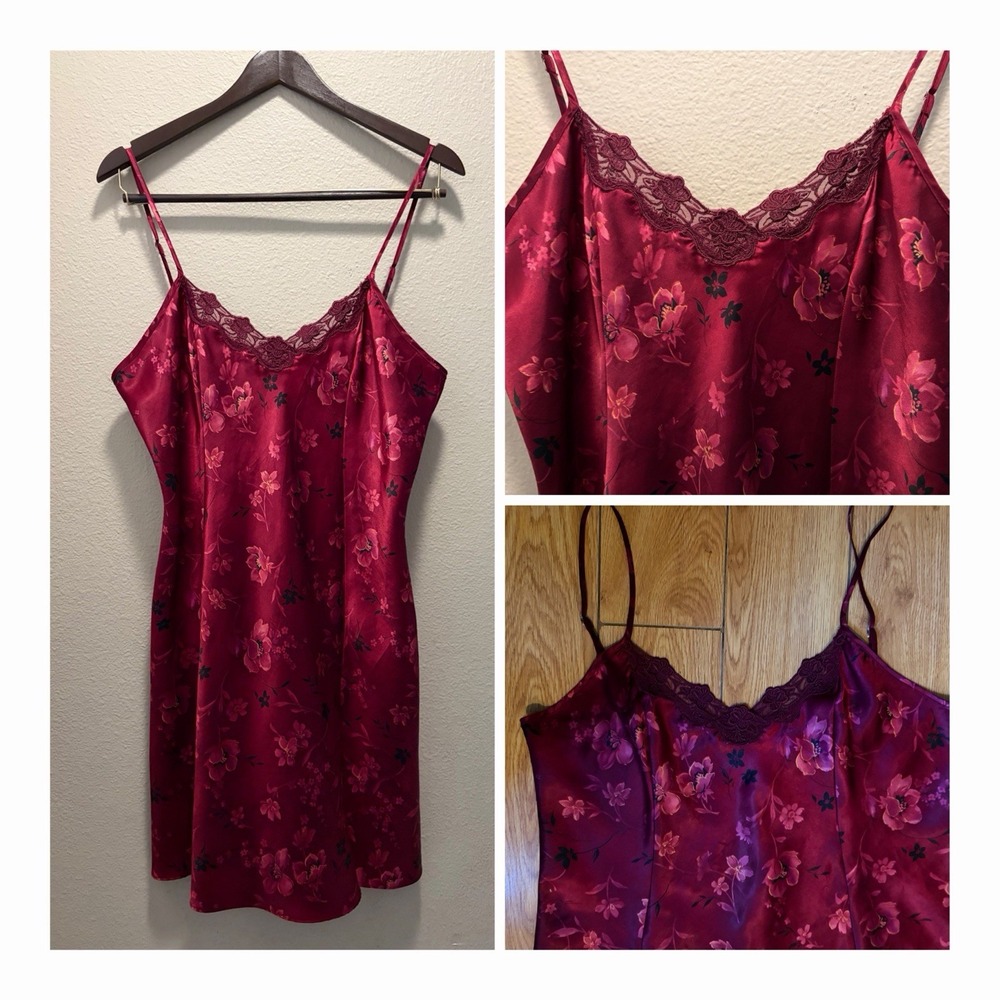 Y2K Coquette Burgundy Floral Satin Slip Dress Lace V-Neck Private Luxuries 8/10